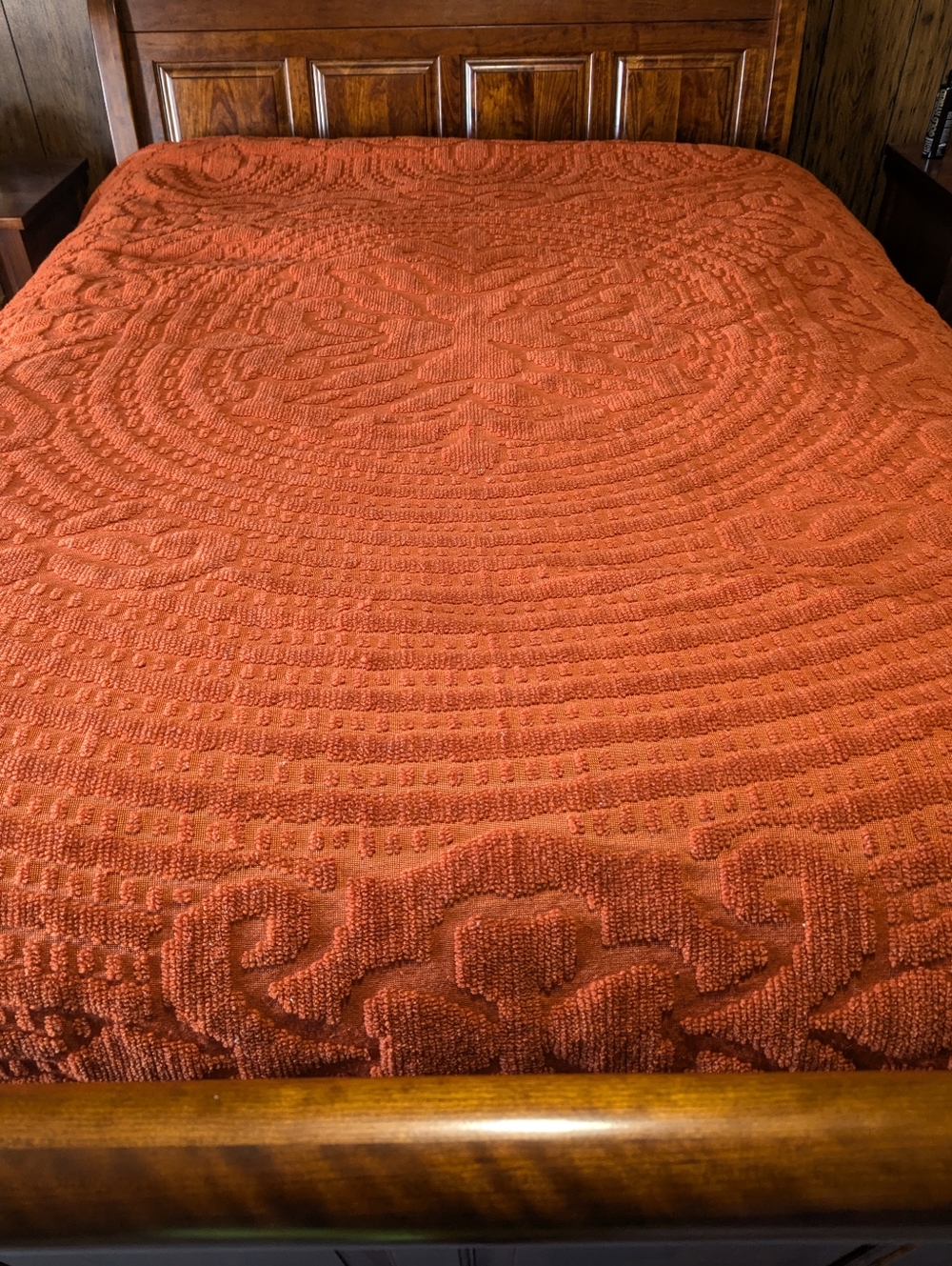 1970s Burnt Orange Chenille Tufted Bedspread Coverlet With Fringe Queen READ